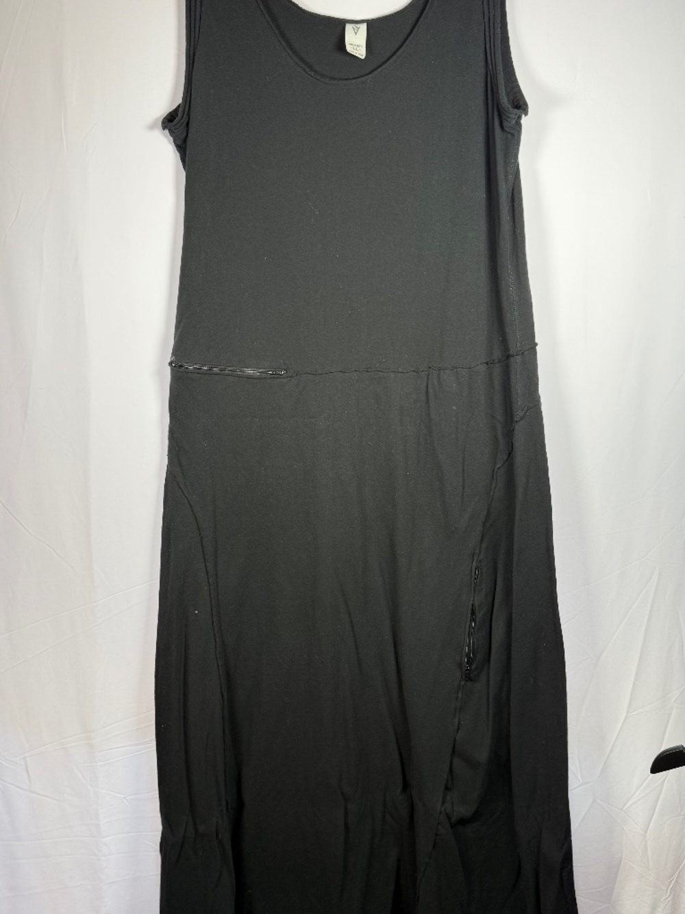 SeV unique maxi raw edged seams sleeveless black cotton dress 3 zip pockets,  L
